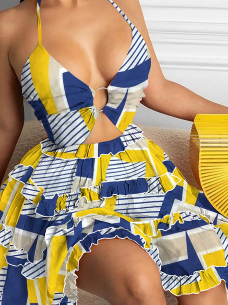 Sexy Cutout Halter Neck V-neck Short Dress - Image 5