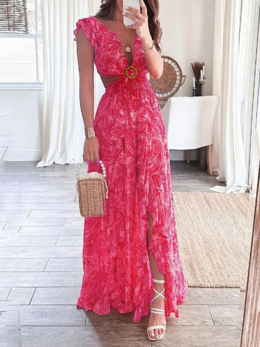 Sexy Waist-revealing Cutout Floral Plant Maxi Dresses - Image 2