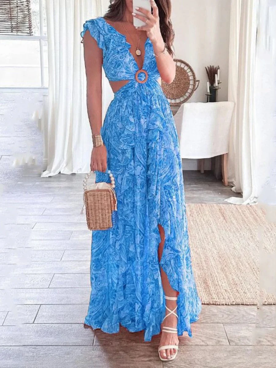 Sexy Waist-revealing Cutout Floral Plant Maxi Dresses - Image 3