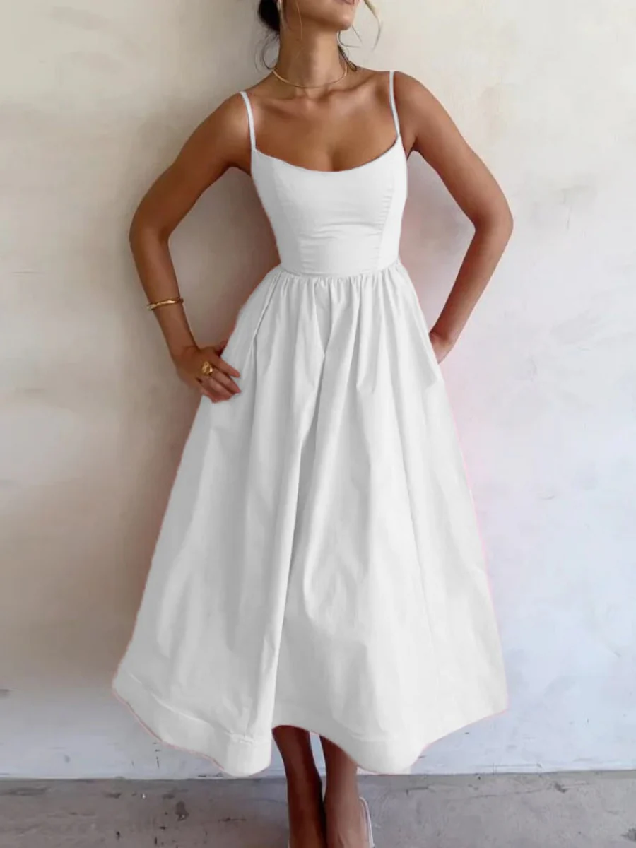Sexy Fitted Waist Pleated Solid Color Full Skirt Halter Long Dress - Image 2