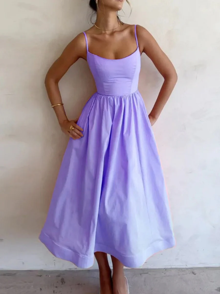 Sexy Fitted Waist Pleated Solid Color Full Skirt Halter Long Dress - Image 3