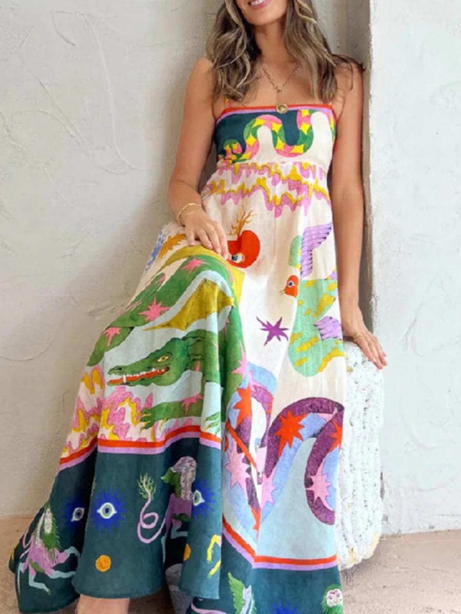 High-waisted Anime Cartoon Print Suspender Long Dress - Image 2