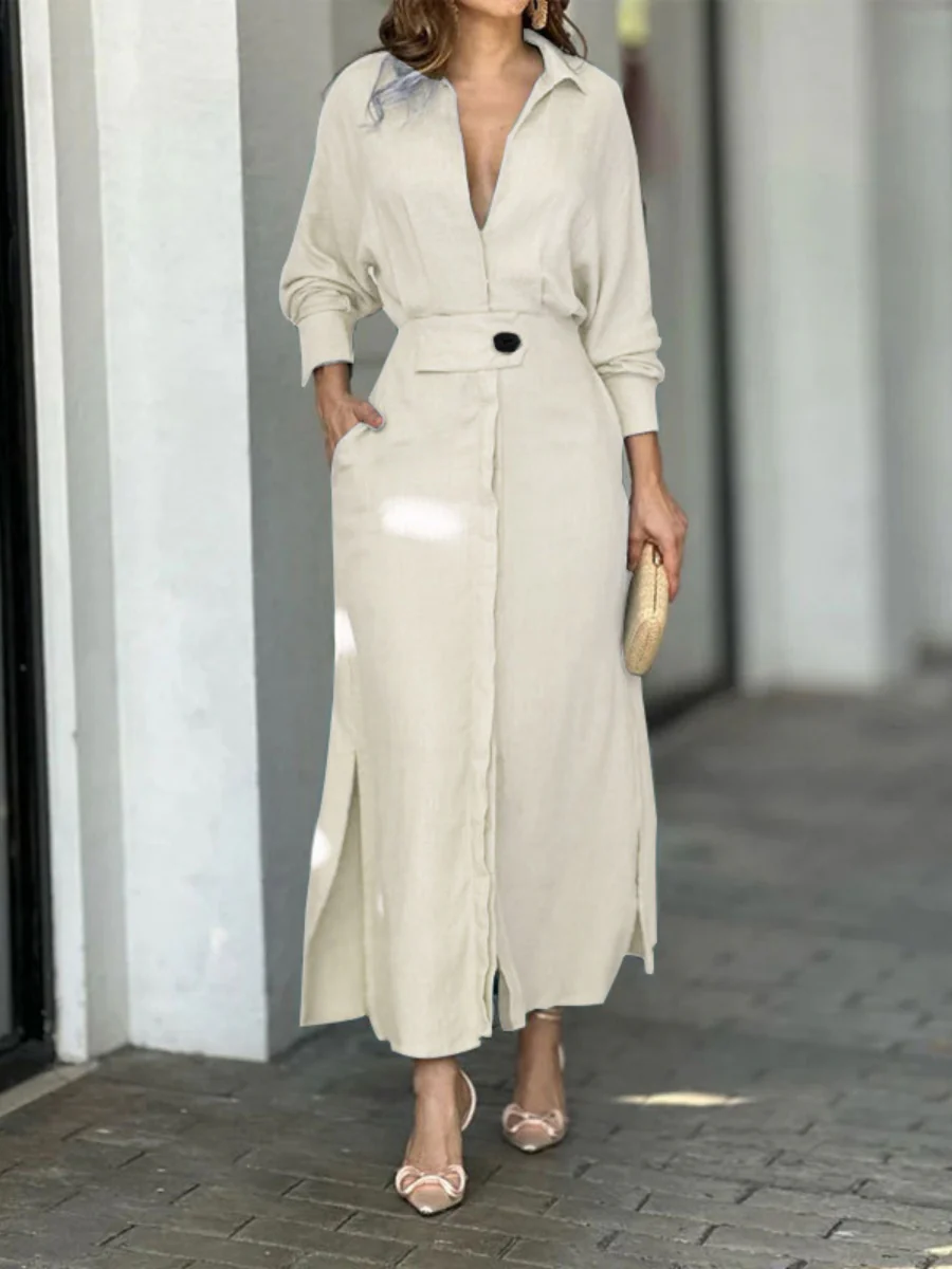Lapel-front, Fitted Waist, Belted Solid Color Cardigan Long Dress
