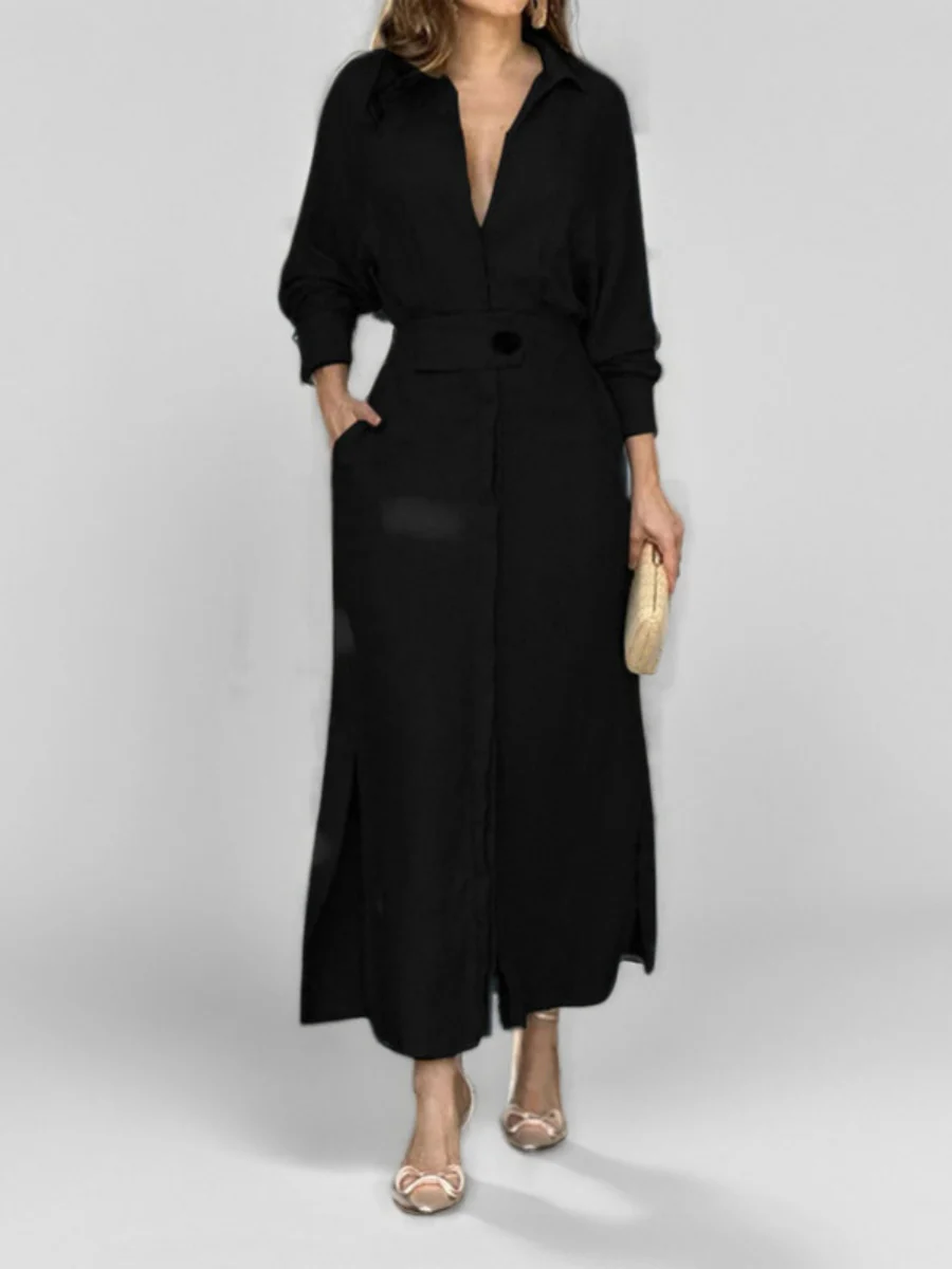 Lapel-front, Fitted Waist, Belted Solid Color Cardigan Long Dress - Image 2