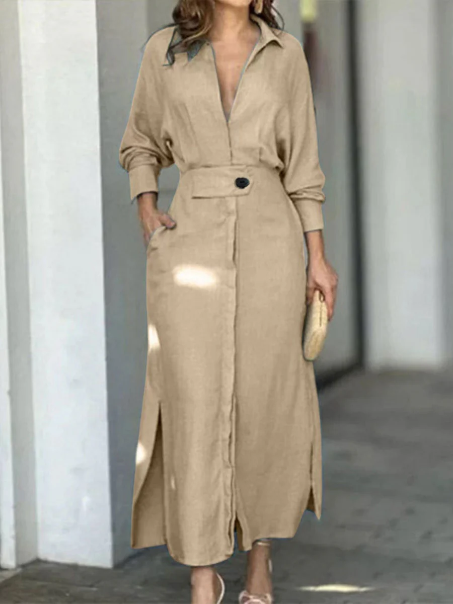 Lapel-front, Fitted Waist, Belted Solid Color Cardigan Long Dress - Image 3