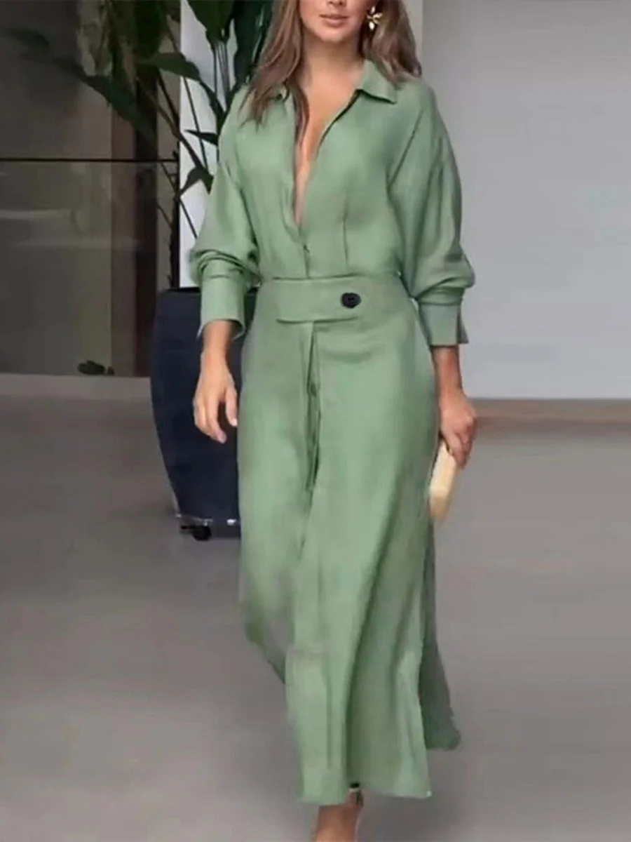 Lapel-front, Fitted Waist, Belted Solid Color Cardigan Long Dress - Image 4