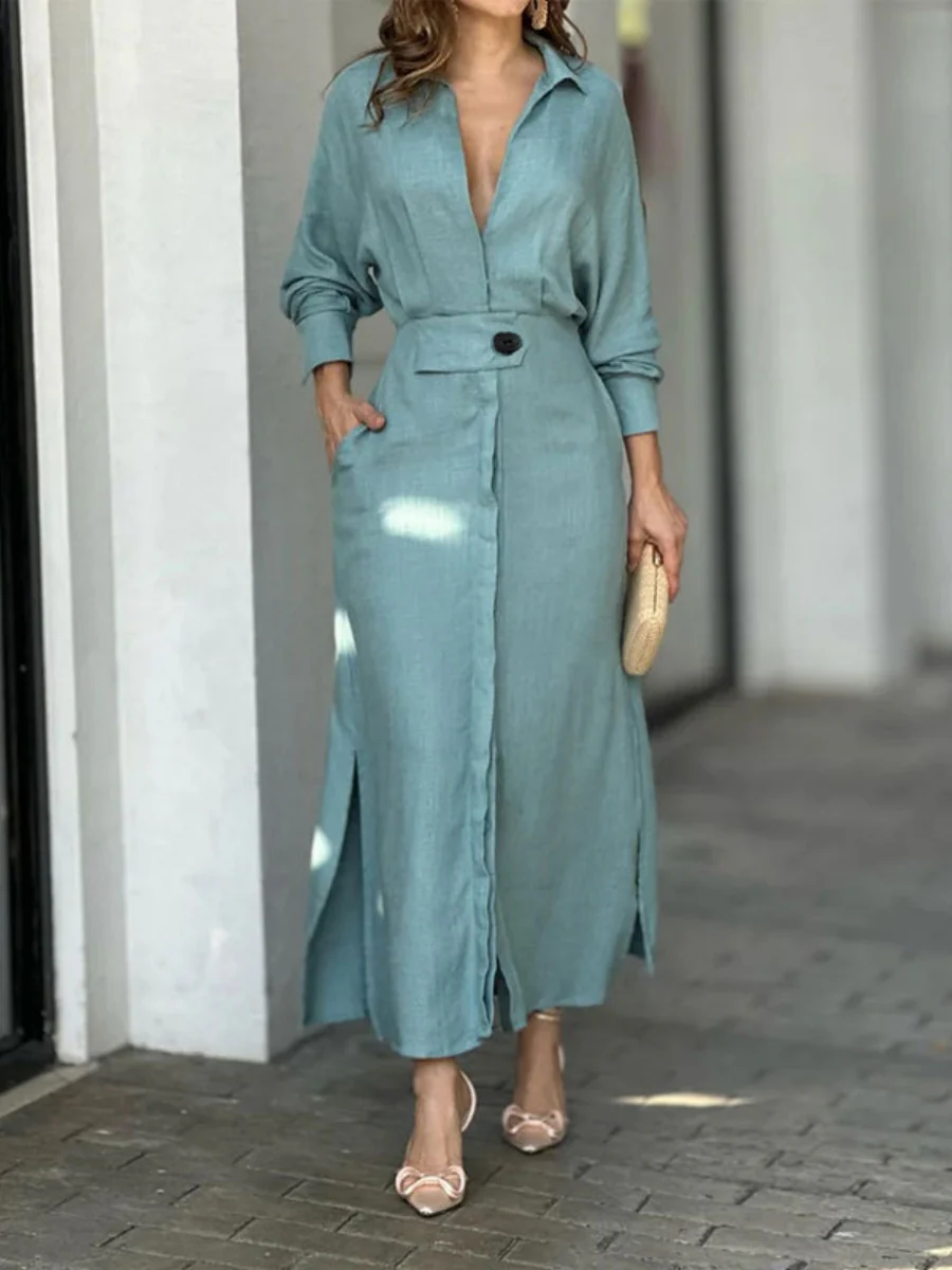Lapel-front, Fitted Waist, Belted Solid Color Cardigan Long Dress - Image 5