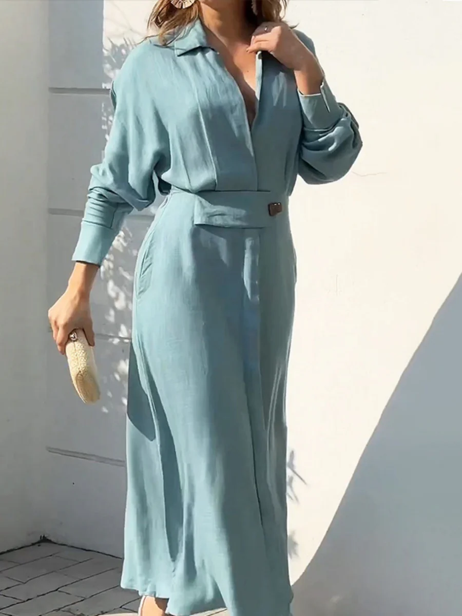 Lapel-front, Fitted Waist, Belted Solid Color Cardigan Long Dress - Image 6