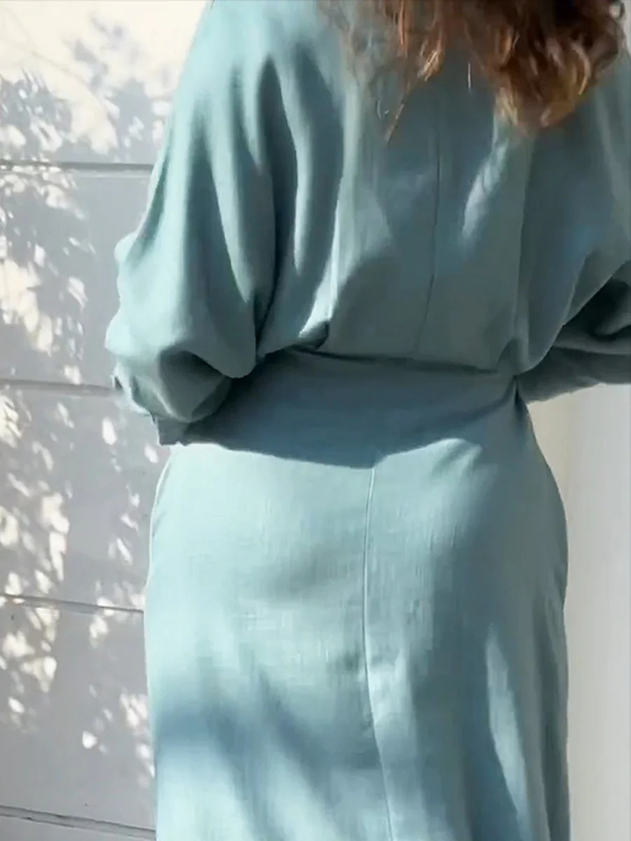 Lapel-front, Fitted Waist, Belted Solid Color Cardigan Long Dress - Image 7