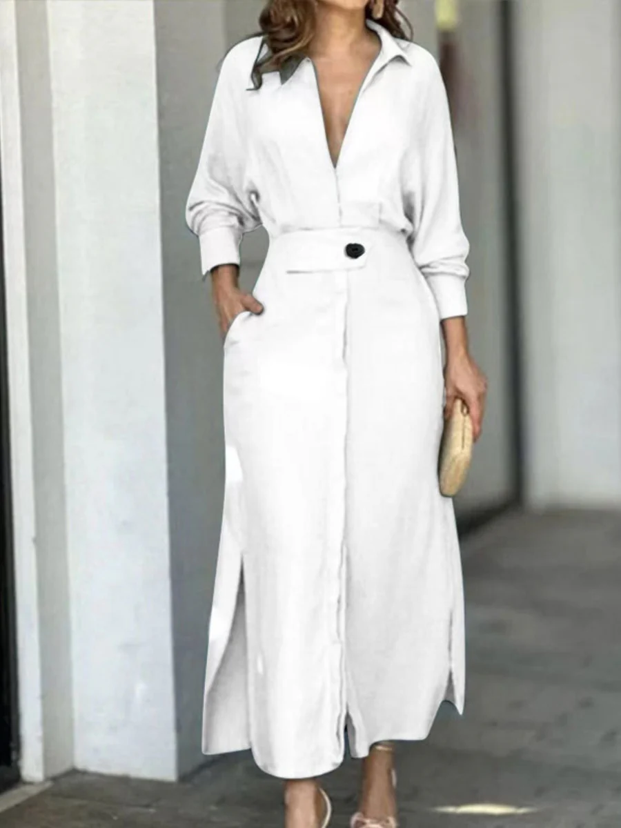 Lapel-front, Fitted Waist, Belted Solid Color Cardigan Long Dress - Image 8