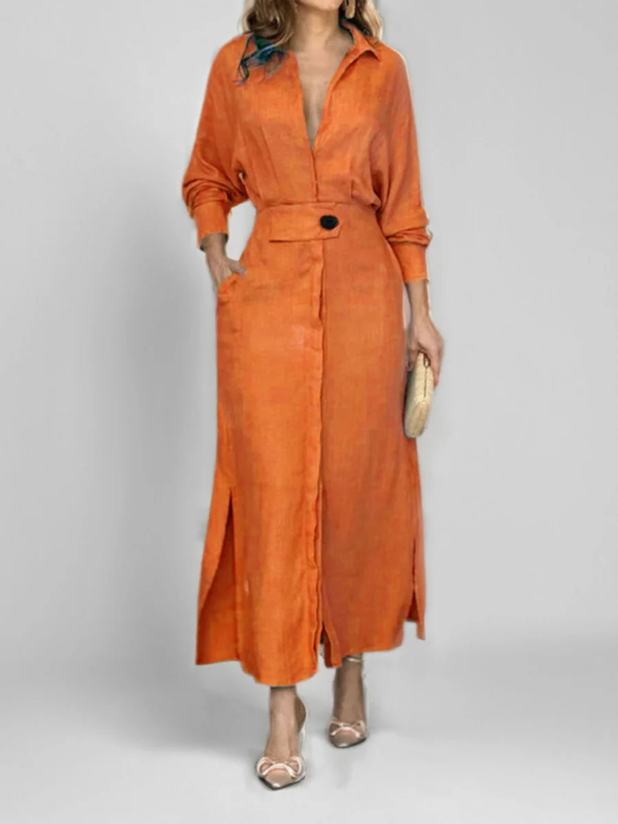 Lapel-front, Fitted Waist, Belted Solid Color Cardigan Long Dress - Image 9