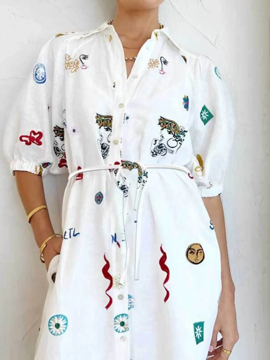 Tie-waist Puff Sleeve Shirt Dress - Image 3