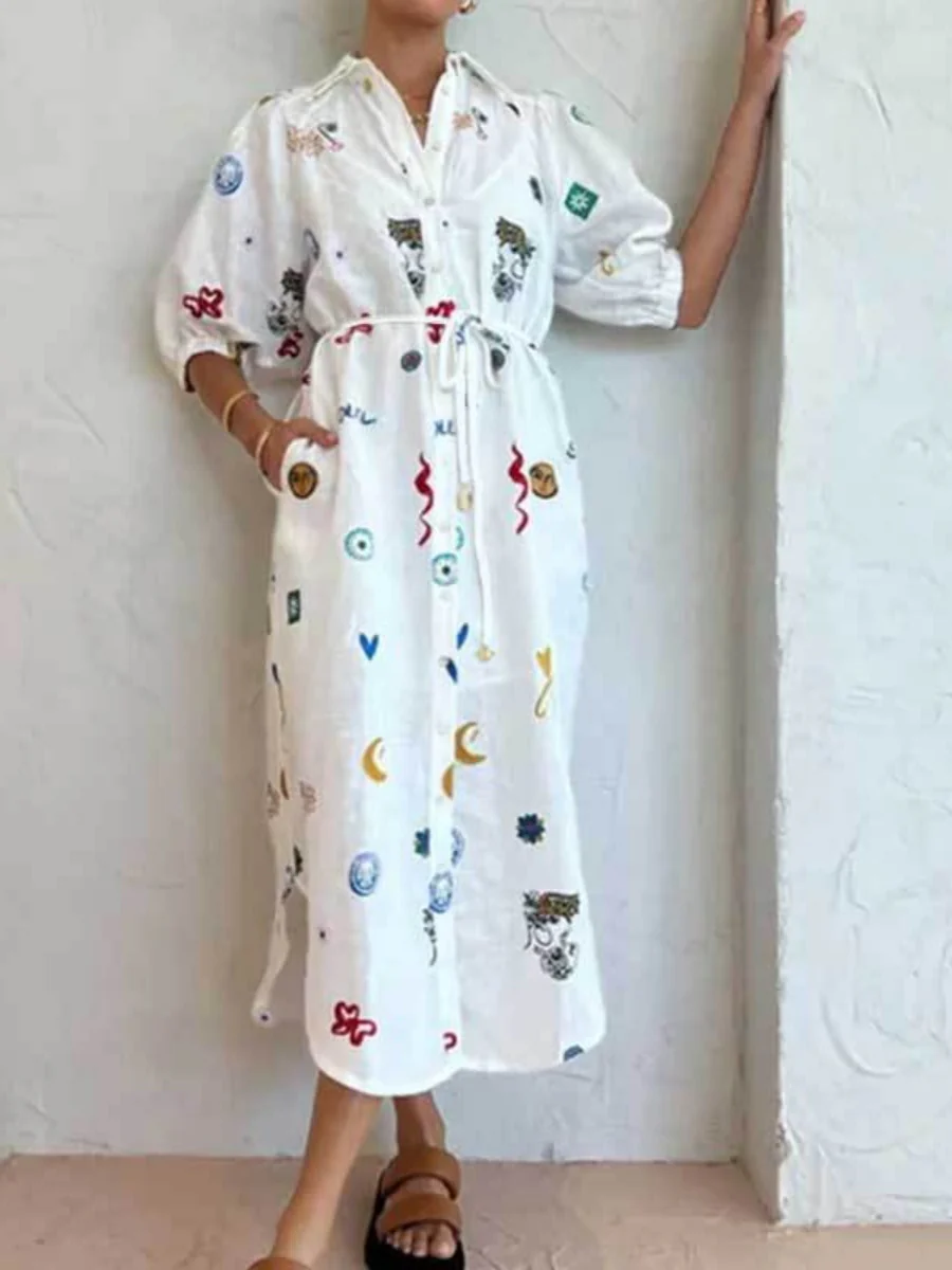 Tie-waist Puff Sleeve Shirt Dress - Image 4