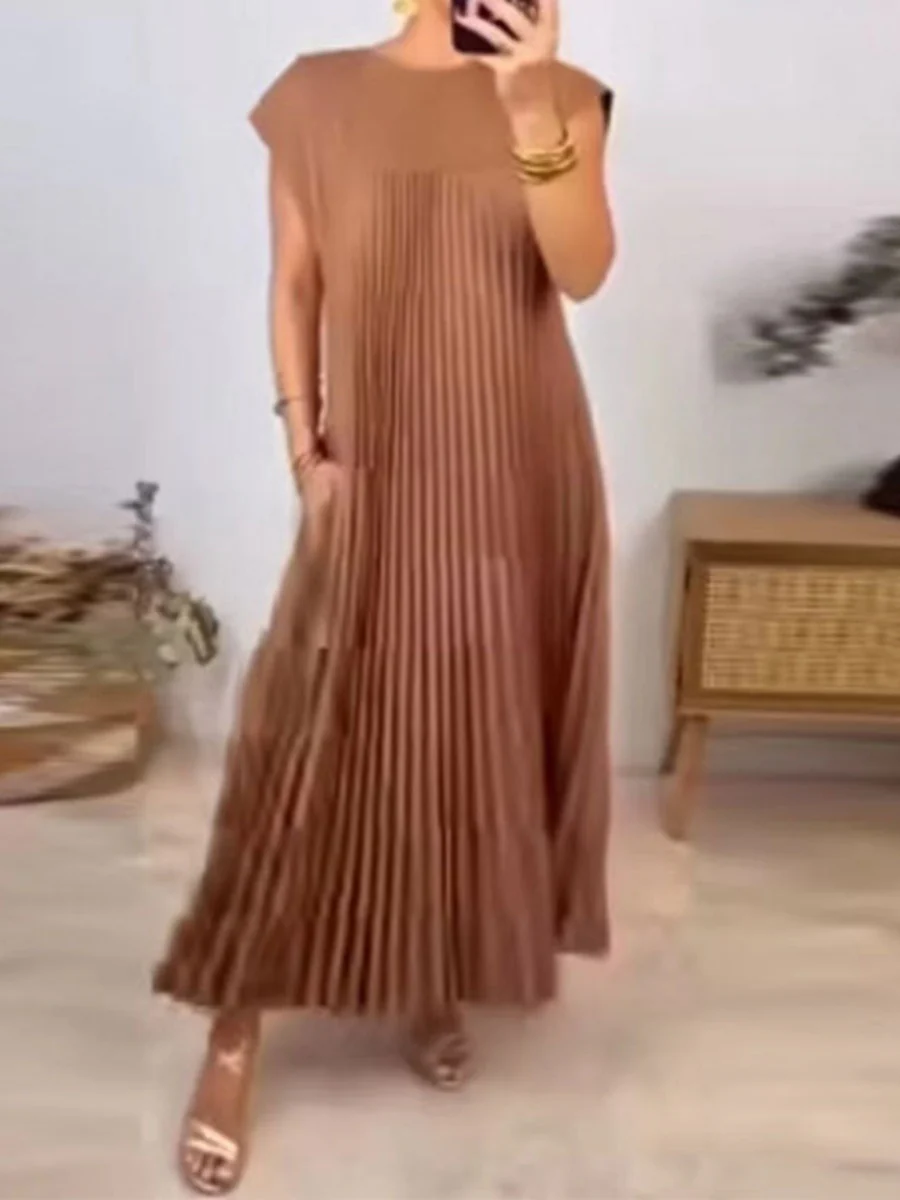 Solid Color Round Neck Sleeveless Pleated Long Dress - Image 5