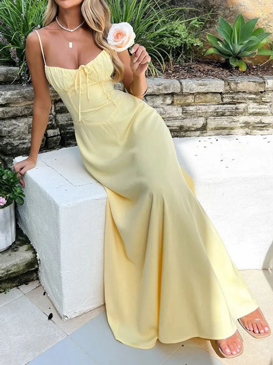 Lace-up A-line Solid Color Suspender Long Dress - Image 4