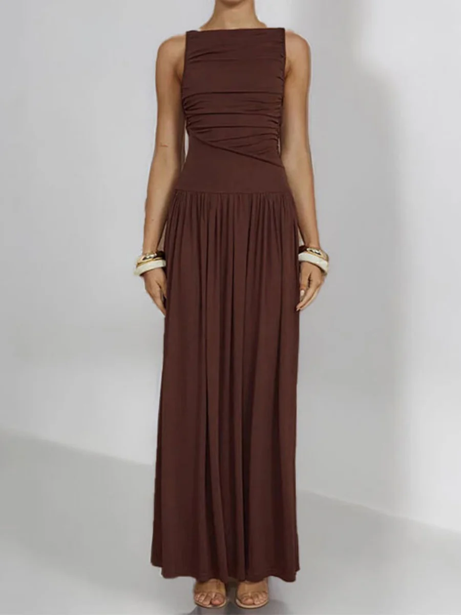 Slim-fit Pleated Solid Color Long Dress