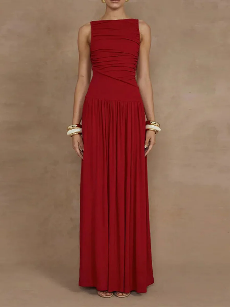 Slim-fit Pleated Solid Color Long Dress - Image 5