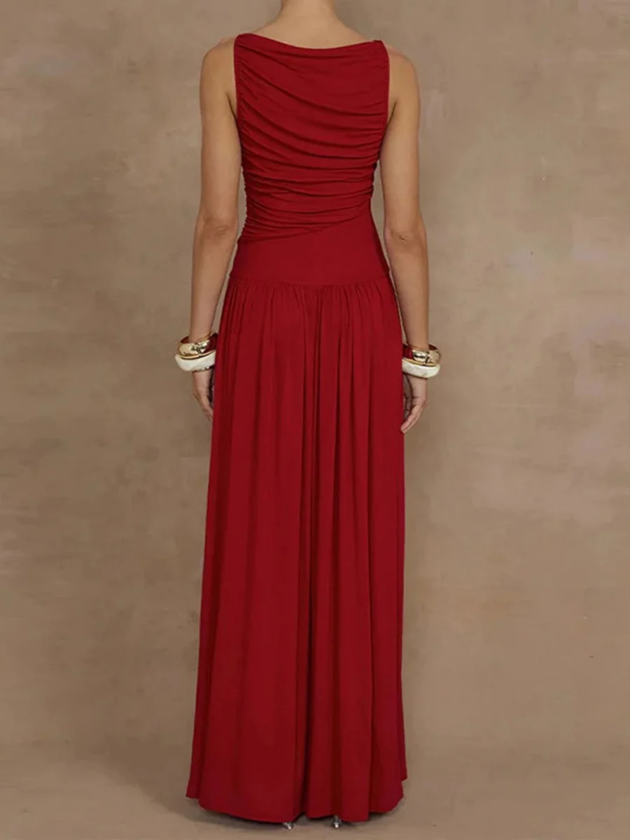 Slim-fit Pleated Solid Color Long Dress - Image 6