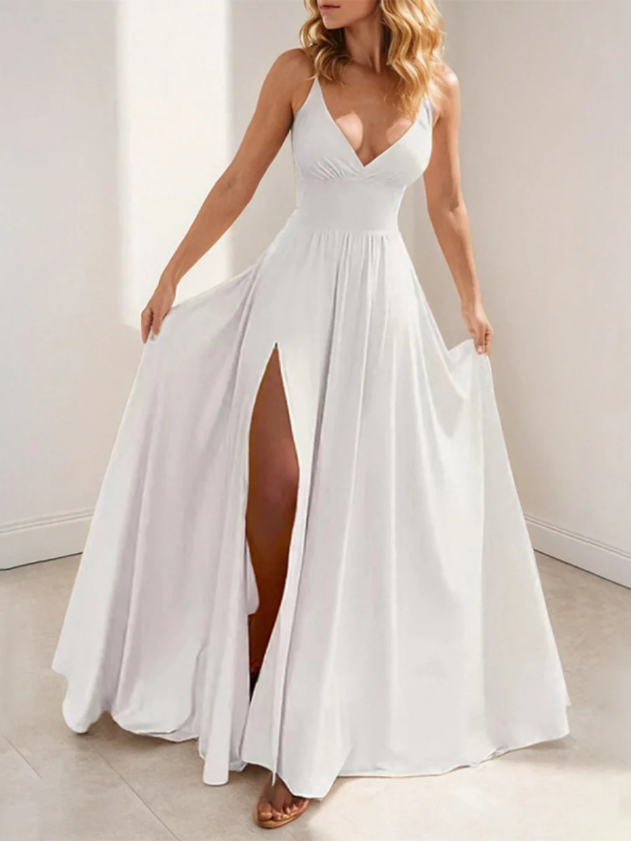 Solid Color Long Dress With Slit - Image 2