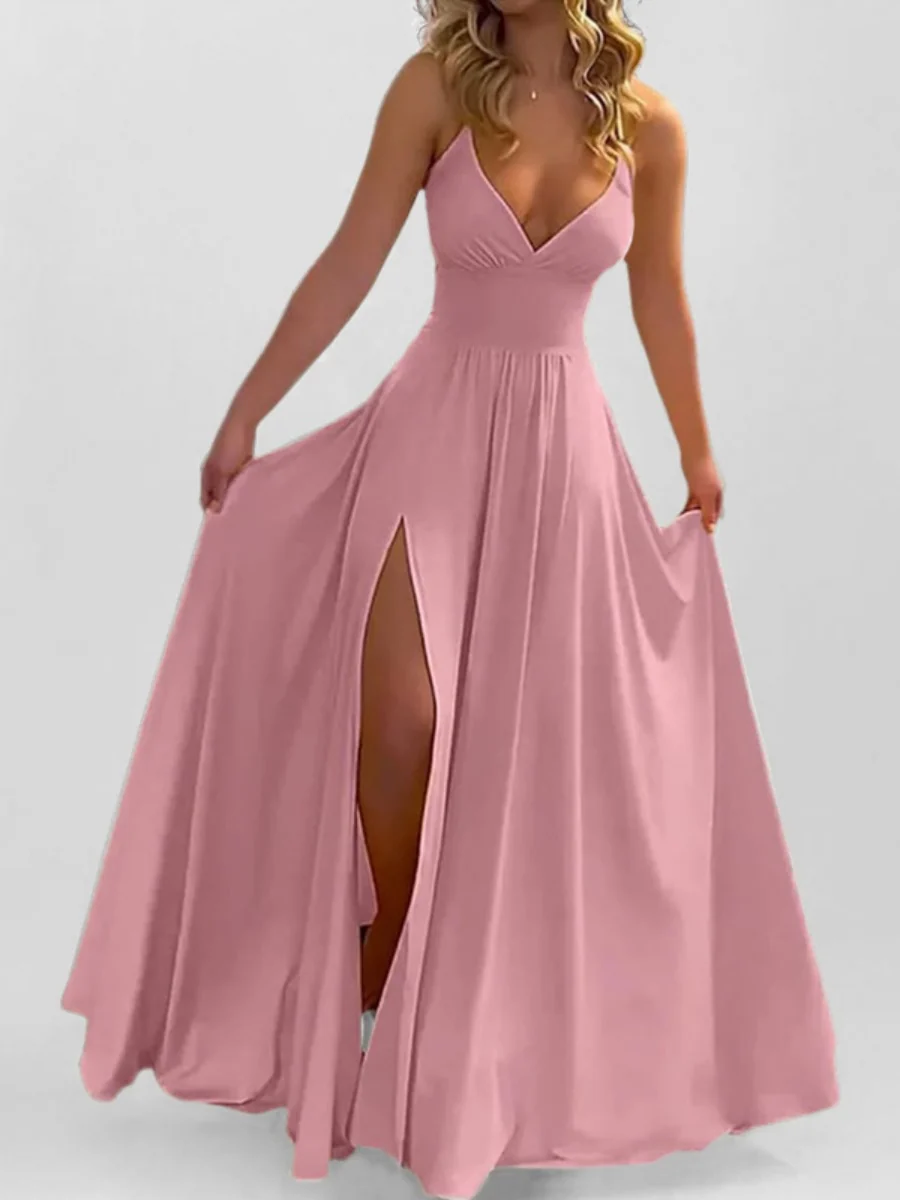 Solid Color Long Dress With Slit - Image 3