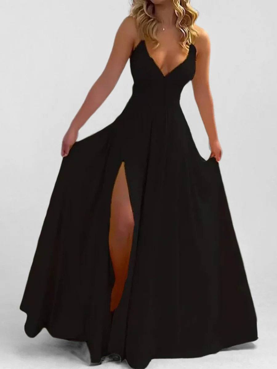 Solid Color Long Dress With Slit - Image 4