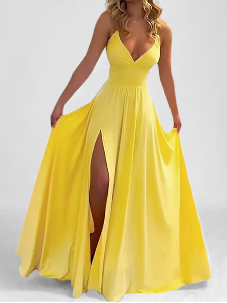 Solid Color Long Dress With Slit - Image 5