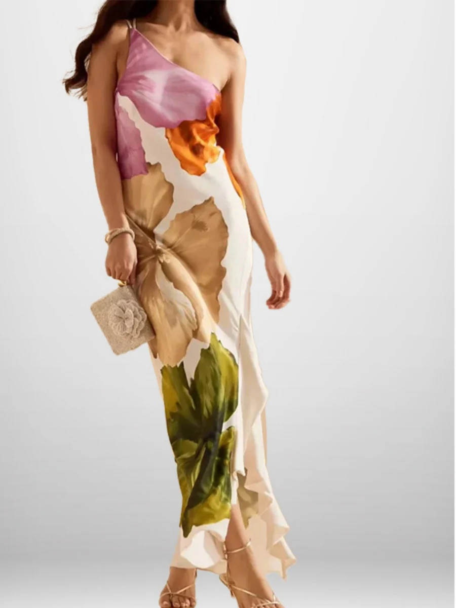 Elegant One-shoulder Halter Long Dress With Large Floral Print - Image 2