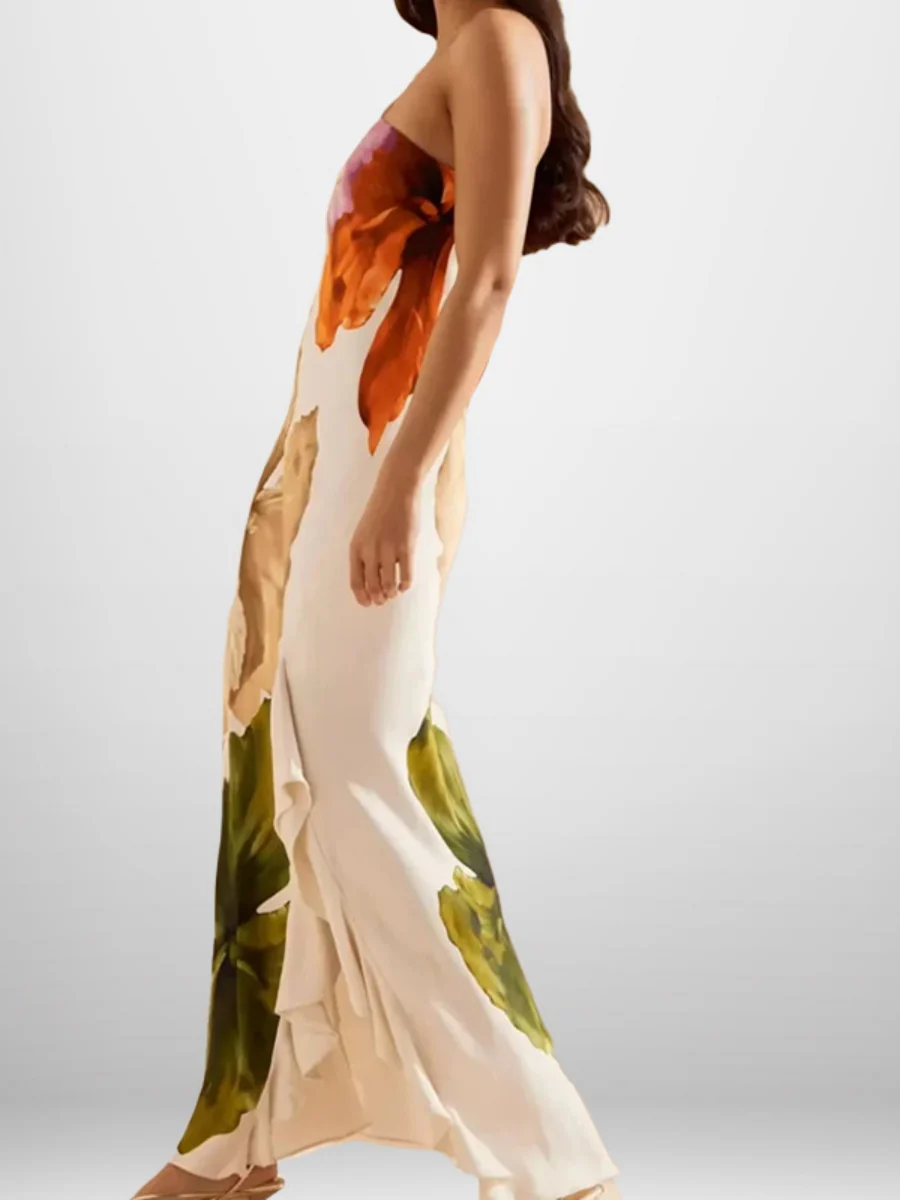 Elegant One-shoulder Halter Long Dress With Large Floral Print - Image 3