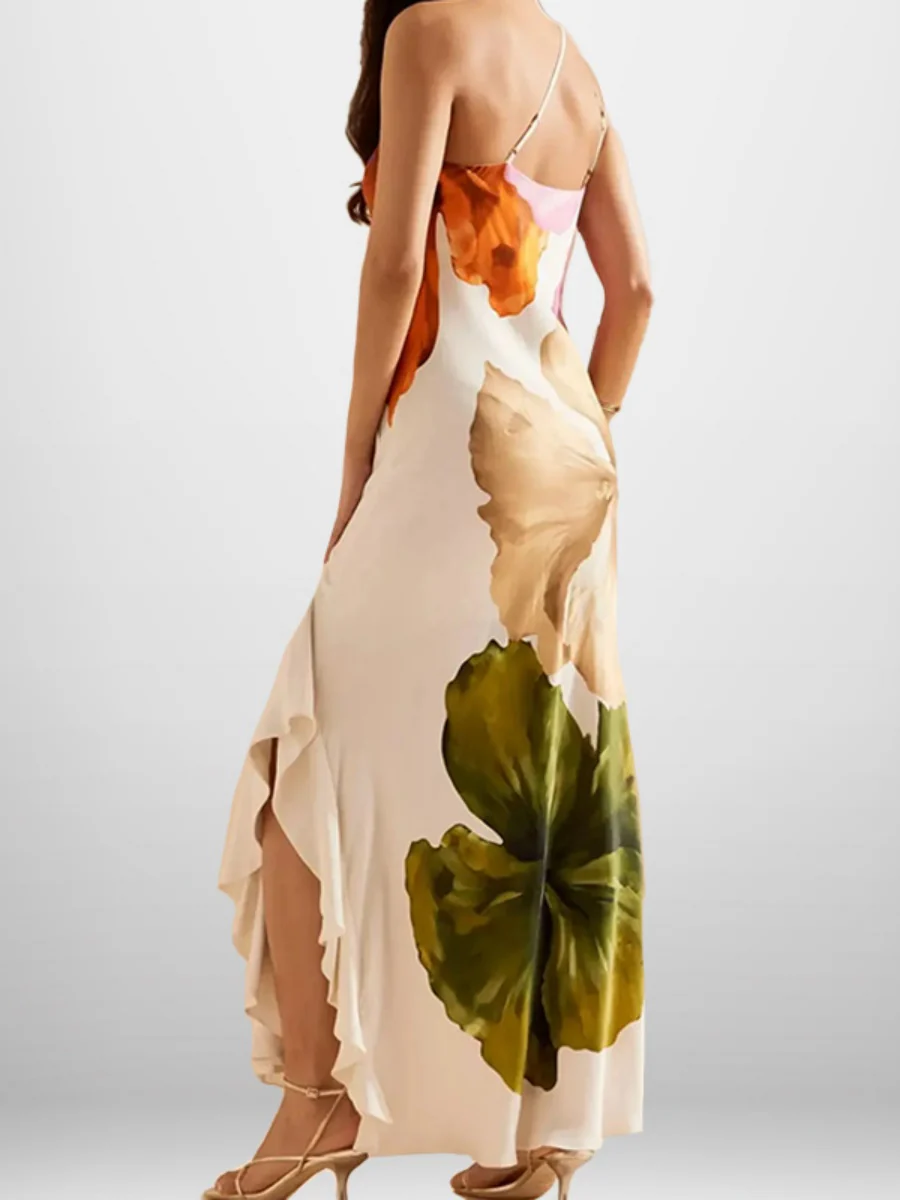 Elegant One-shoulder Halter Long Dress With Large Floral Print - Image 4