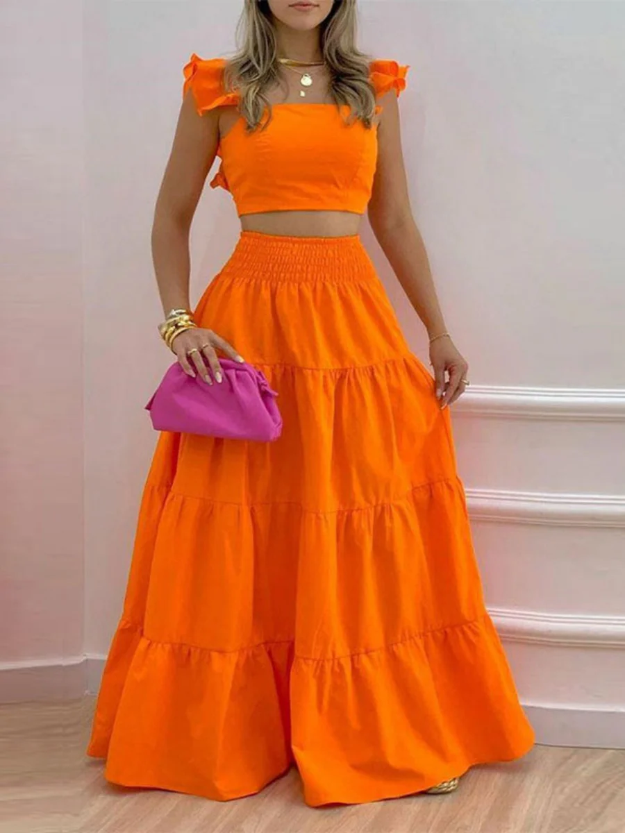 Solid Color Ruffled Trim Two-piece Suspender Skirt Set - Image 2