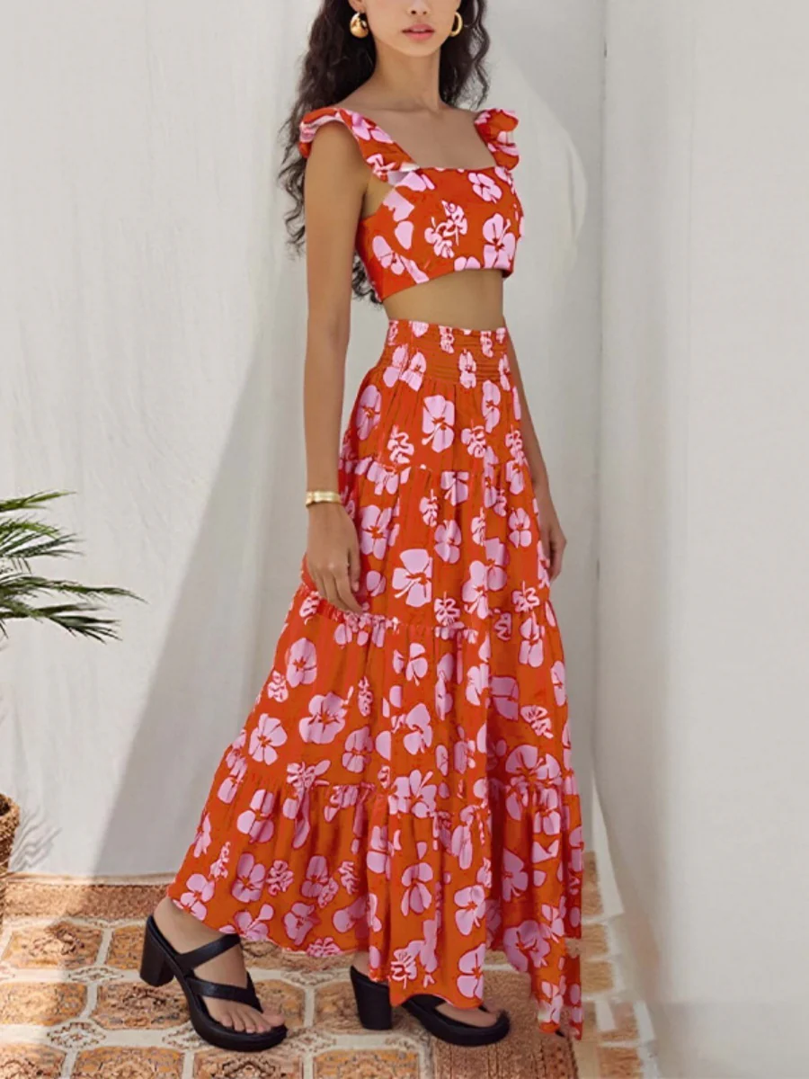 Solid Color Ruffled Trim Two-piece Suspender Skirt Set - Image 4