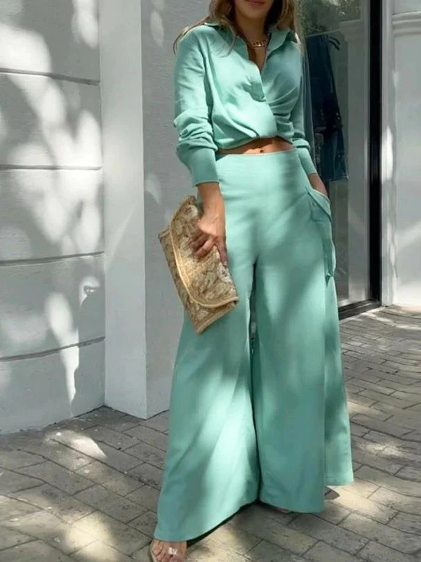 Solid Color Loose-fitting Wide-leg Pants Two-piece Set - Image 5
