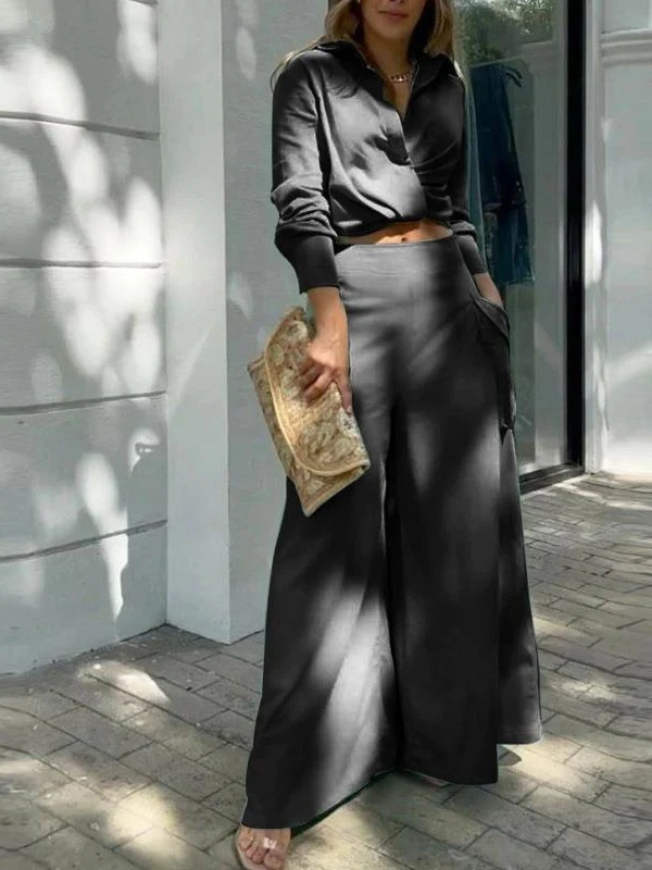 Solid Color Loose-fitting Wide-leg Pants Two-piece Set - Image 6