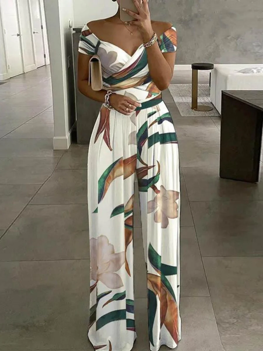 Elegant Printed High-waisted Off-shoulder Jumpsuit