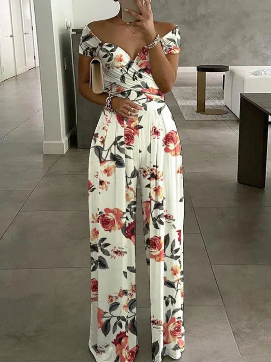 Elegant Printed High-waisted Off-shoulder Jumpsuit - Image 2