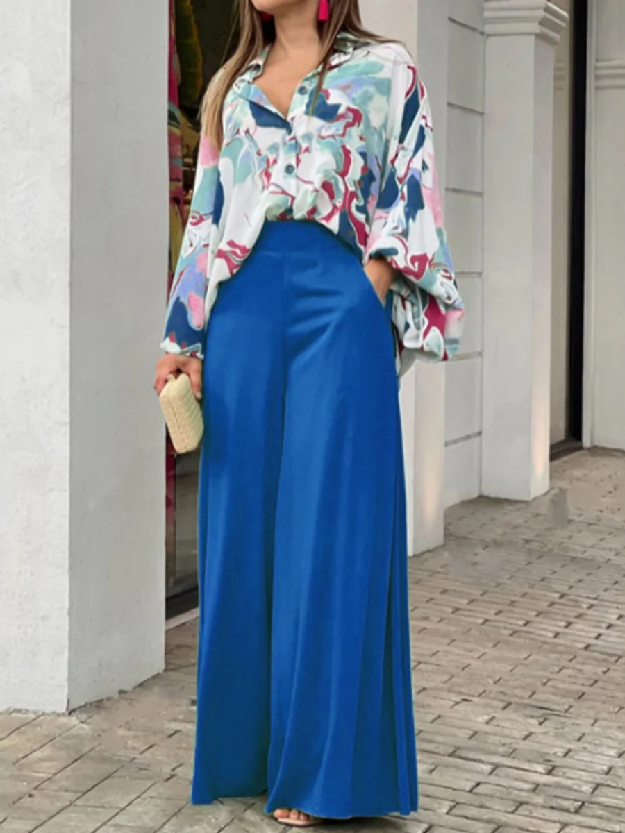 Multi-color Printed Shirt And Wide-leg Pants Two-piece Set - Image 2