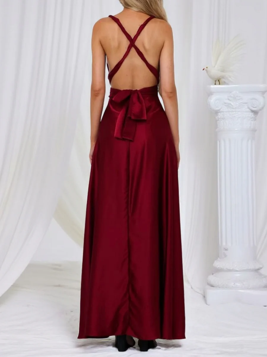 V-neck Satin Ribbon Long Skirt Parties Maxi Dresses - Image 10