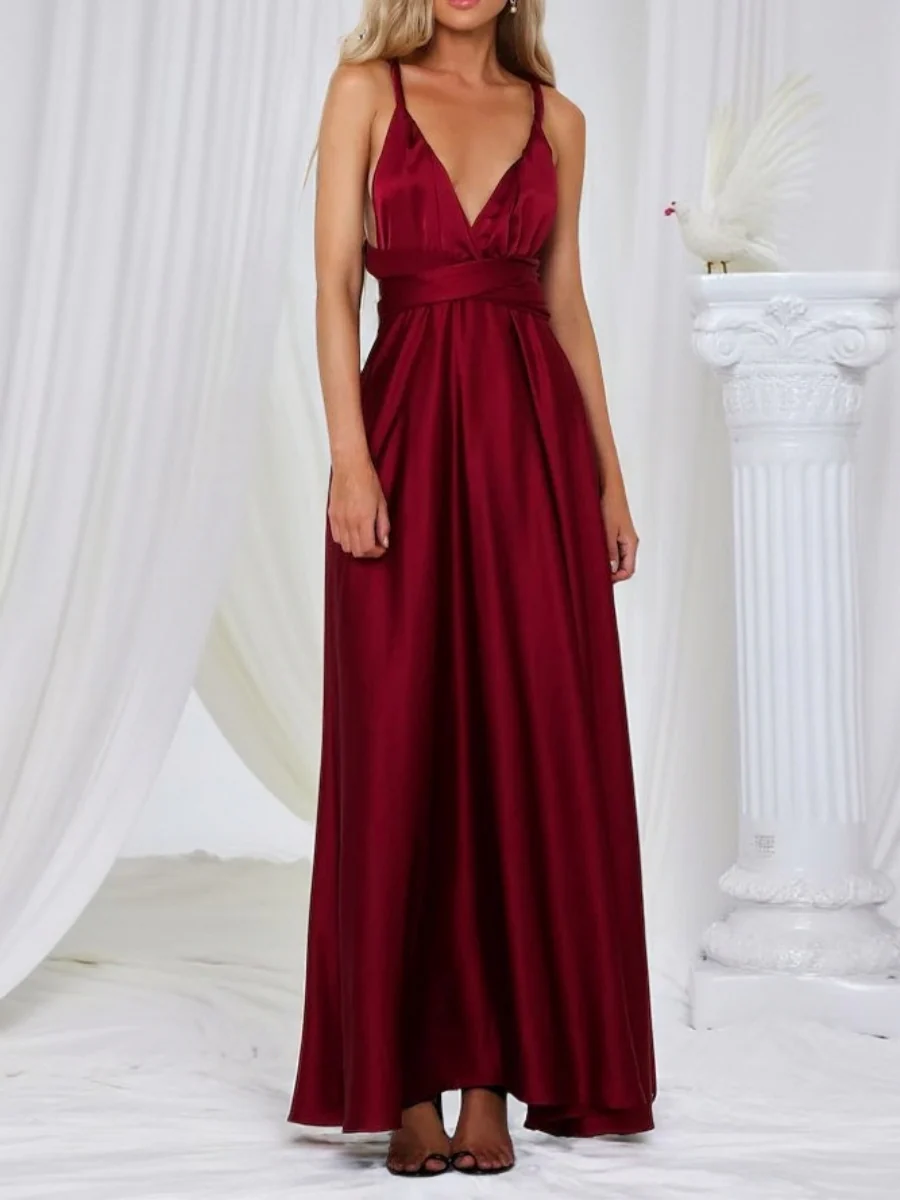 V-neck Satin Ribbon Long Skirt Parties Maxi Dresses - Image 11