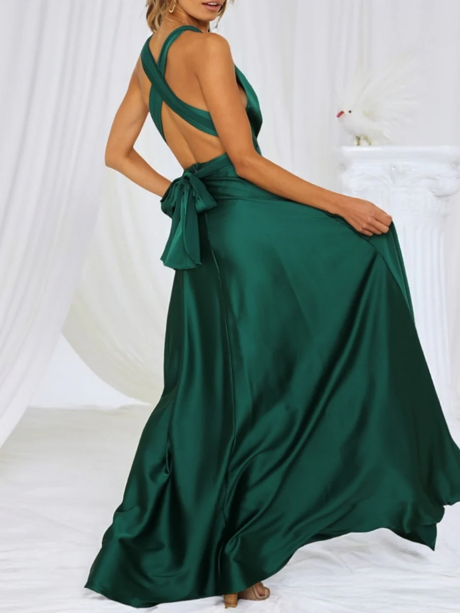 V-neck Satin Ribbon Long Skirt Parties Maxi Dresses - Image 12