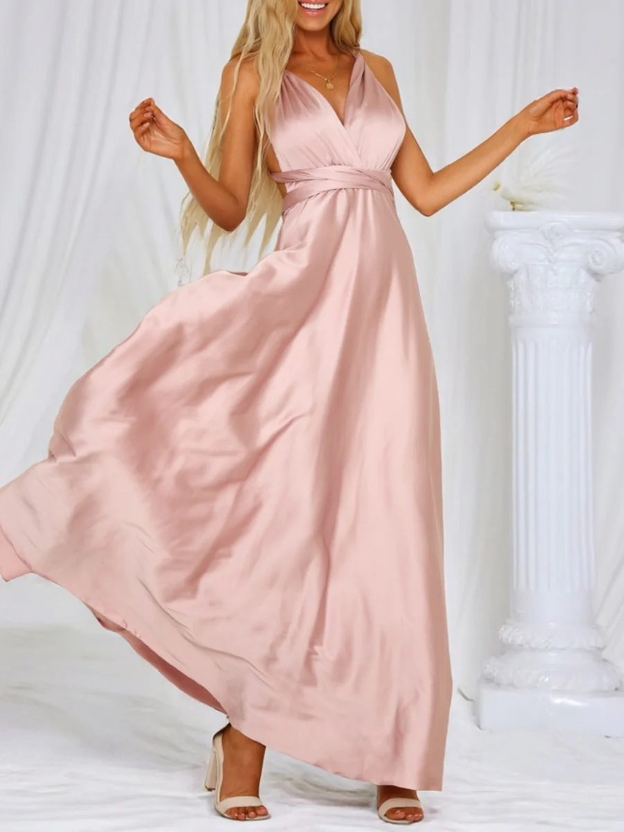 V-neck Satin Ribbon Long Skirt Parties Maxi Dresses - Image 13