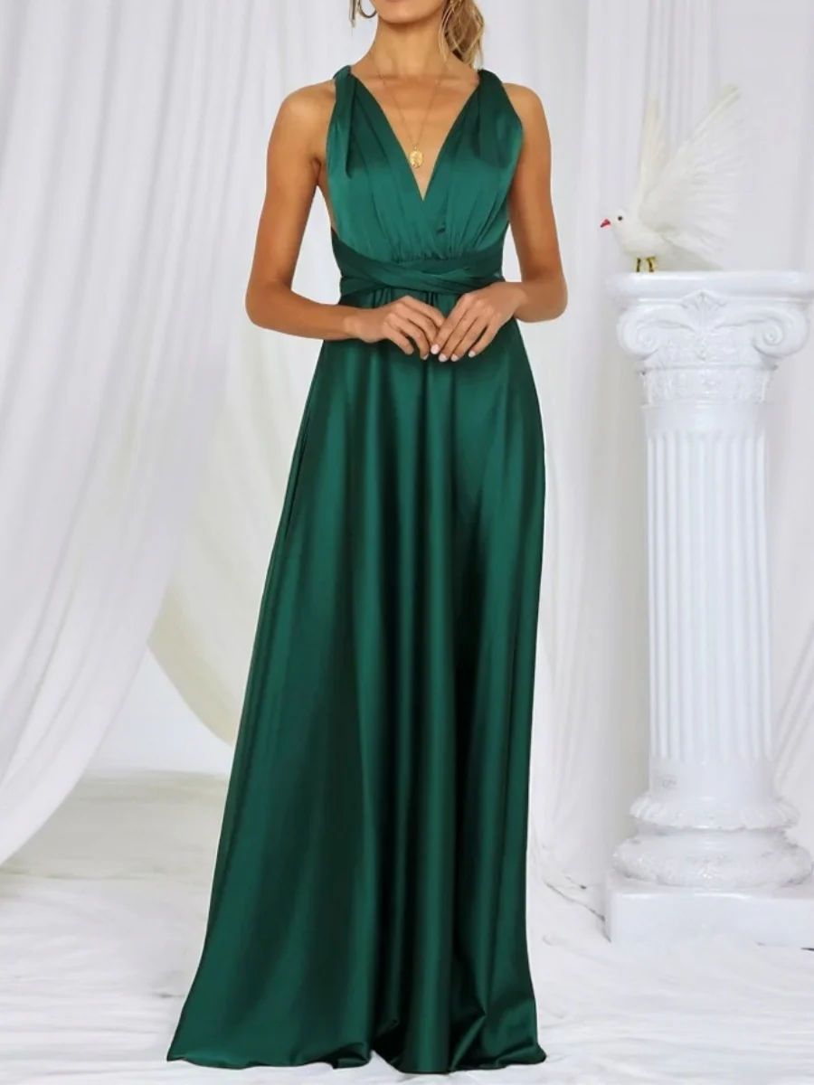 V-neck Satin Ribbon Long Skirt Parties Maxi Dresses - Image 2