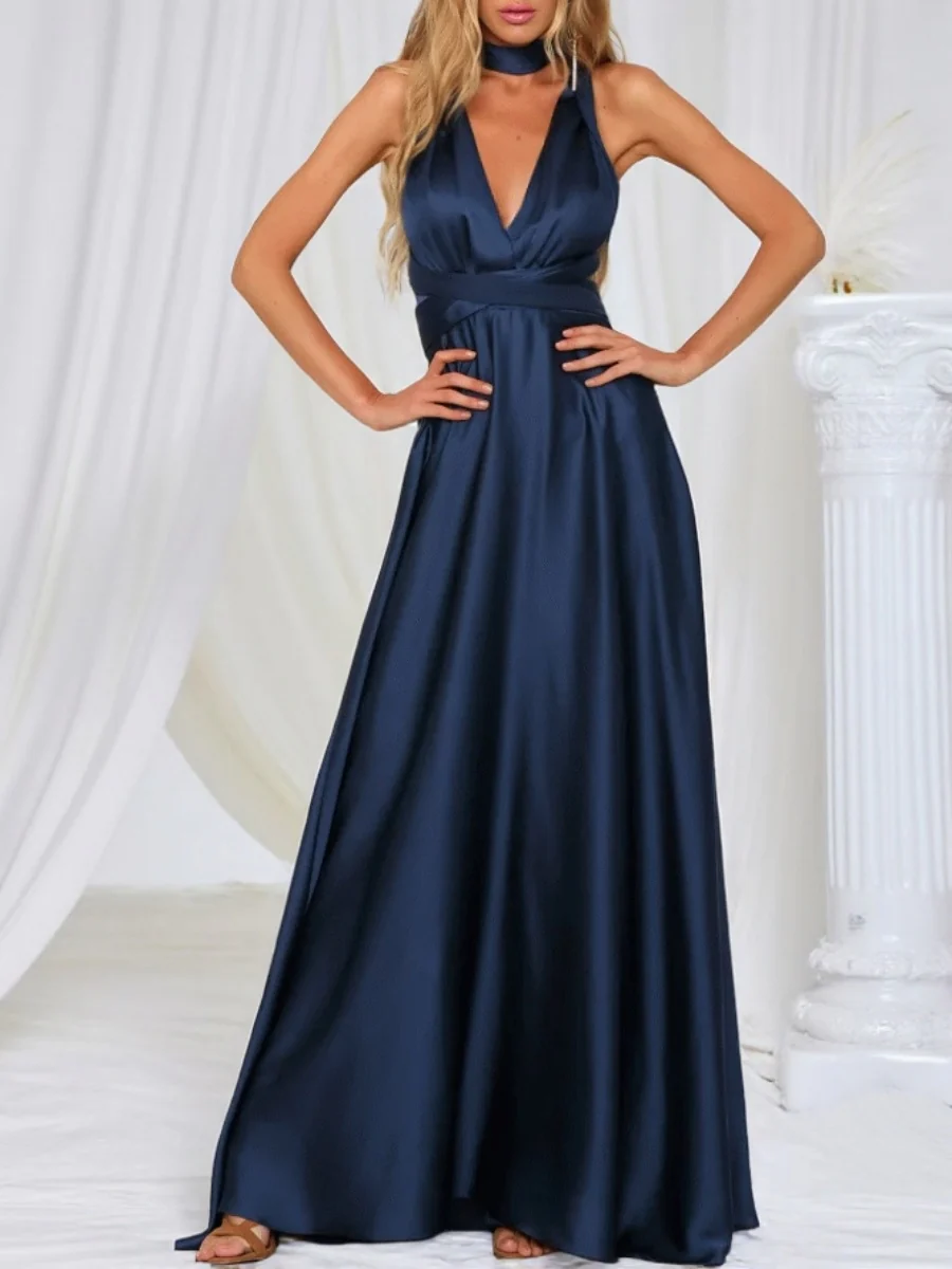 V-neck Satin Ribbon Long Skirt Parties Maxi Dresses - Image 3
