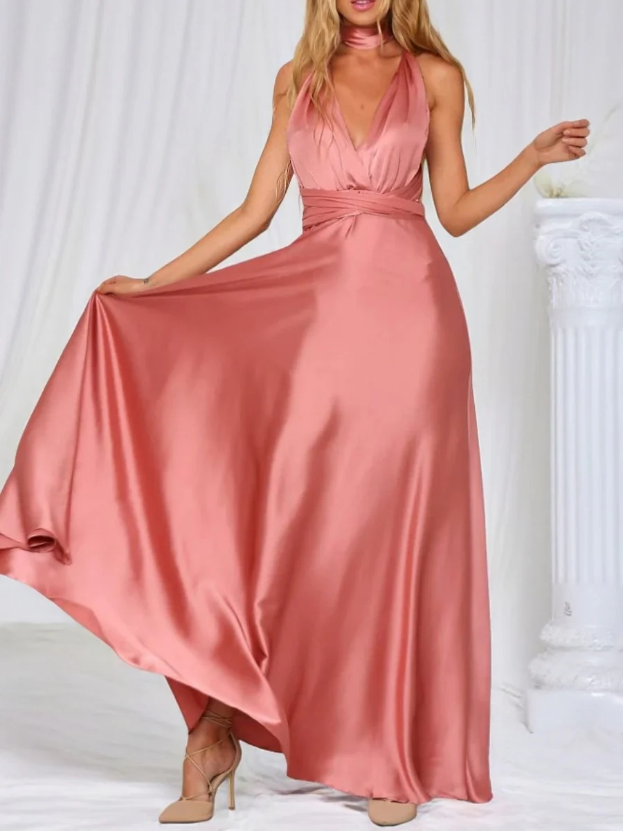 V-neck Satin Ribbon Long Skirt Parties Maxi Dresses - Image 4