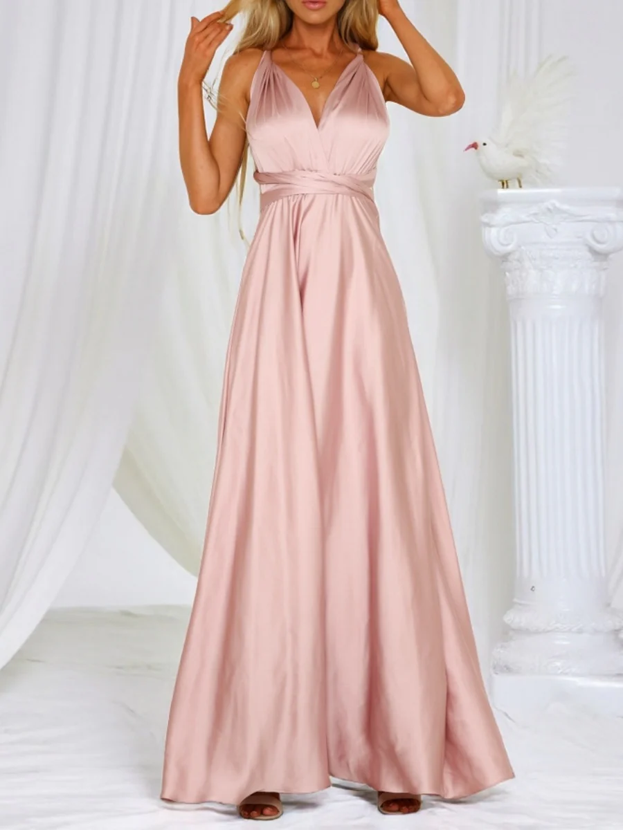 V-neck Satin Ribbon Long Skirt Parties Maxi Dresses - Image 5