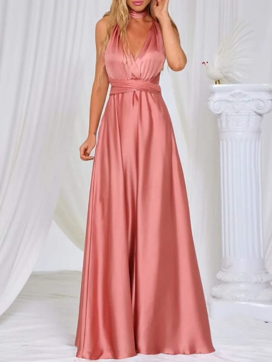 V-neck Satin Ribbon Long Skirt Parties Maxi Dresses - Image 6