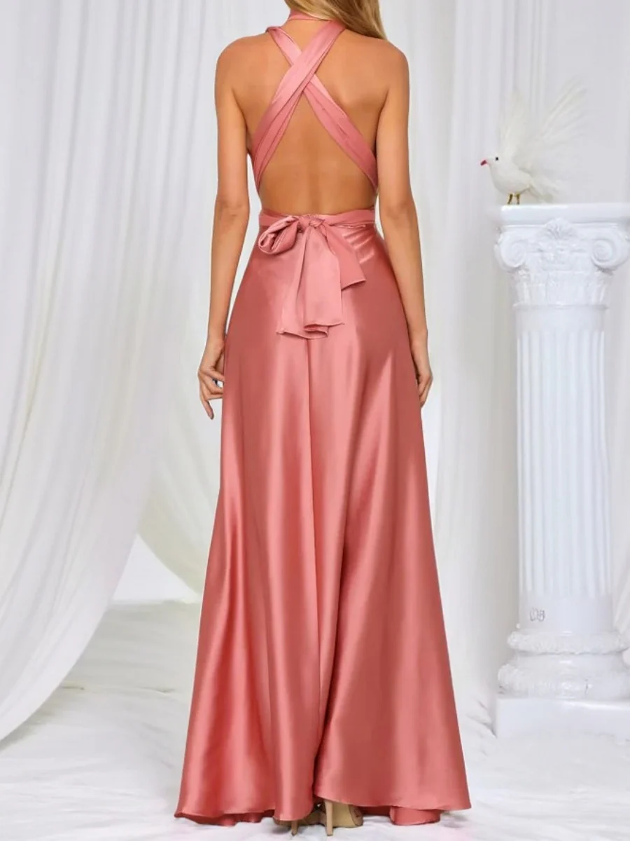 V-neck Satin Ribbon Long Skirt Parties Maxi Dresses - Image 7