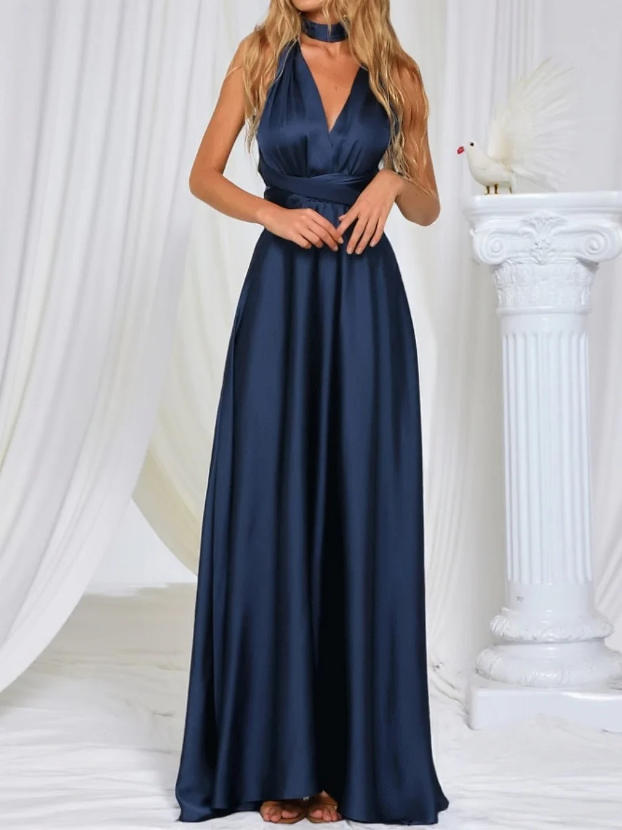 V-neck Satin Ribbon Long Skirt Parties Maxi Dresses - Image 8
