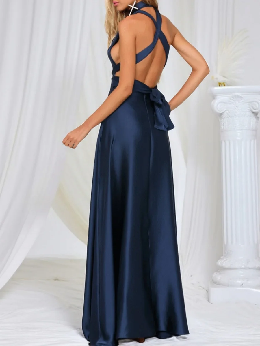 V-neck Satin Ribbon Long Skirt Parties Maxi Dresses - Image 9