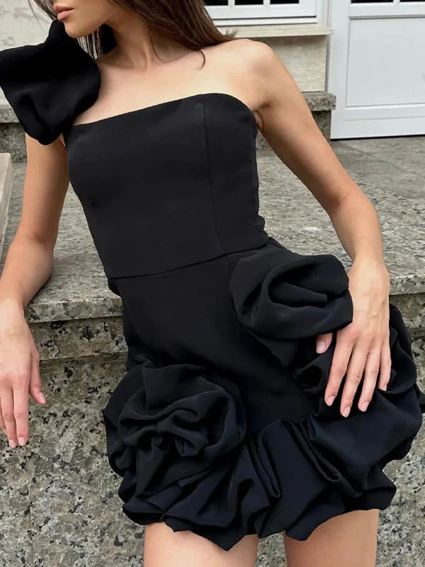 Ruffled Flower Bud Waist One Shoulder Tube Top Hip Mini&Short Dresses - Image 5
