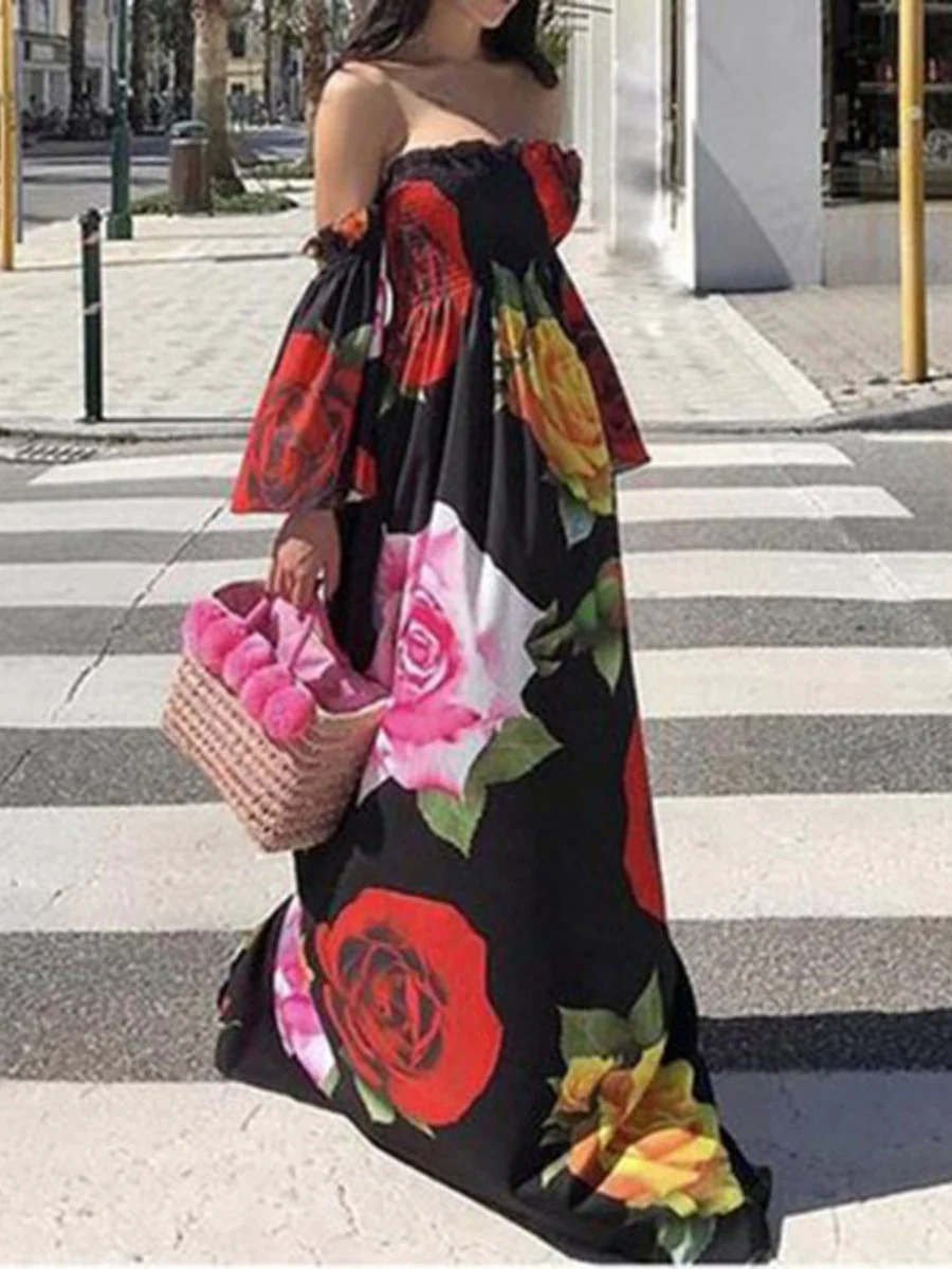 Off-the-shoulder Floral Print Long Dress - Image 2